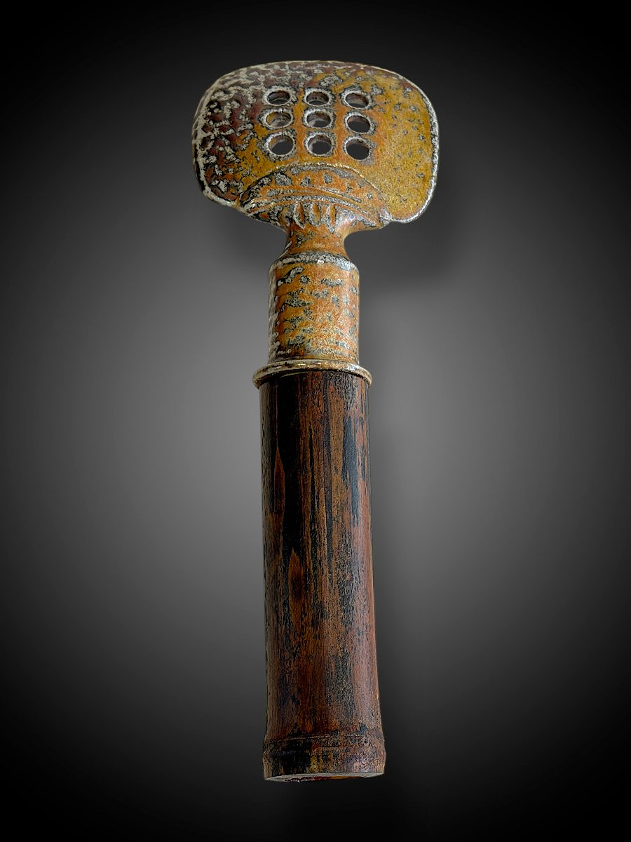 Glazed Stoneware Curio On A Bamboo Handle (japan—shōwa Period?)—20th Century-photo-1