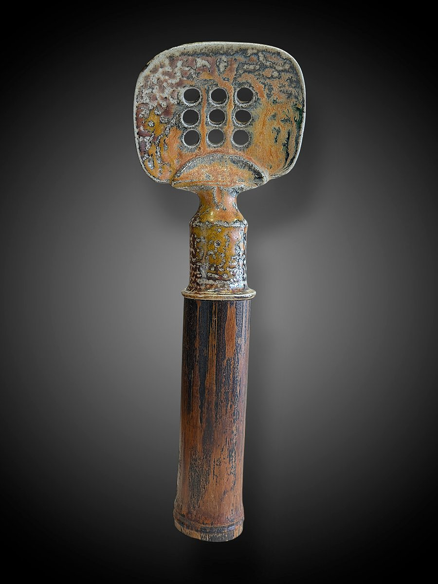 Glazed Stoneware Curio On A Bamboo Handle (japan—shōwa Period?)—20th Century
