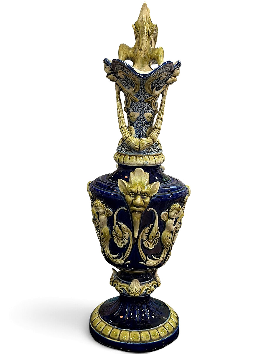 Aiguière/Pichet d’apparat Néo-Renaissance - Céramique Bleu Cobalt & Décor en Relief - Vers 1900-photo-2