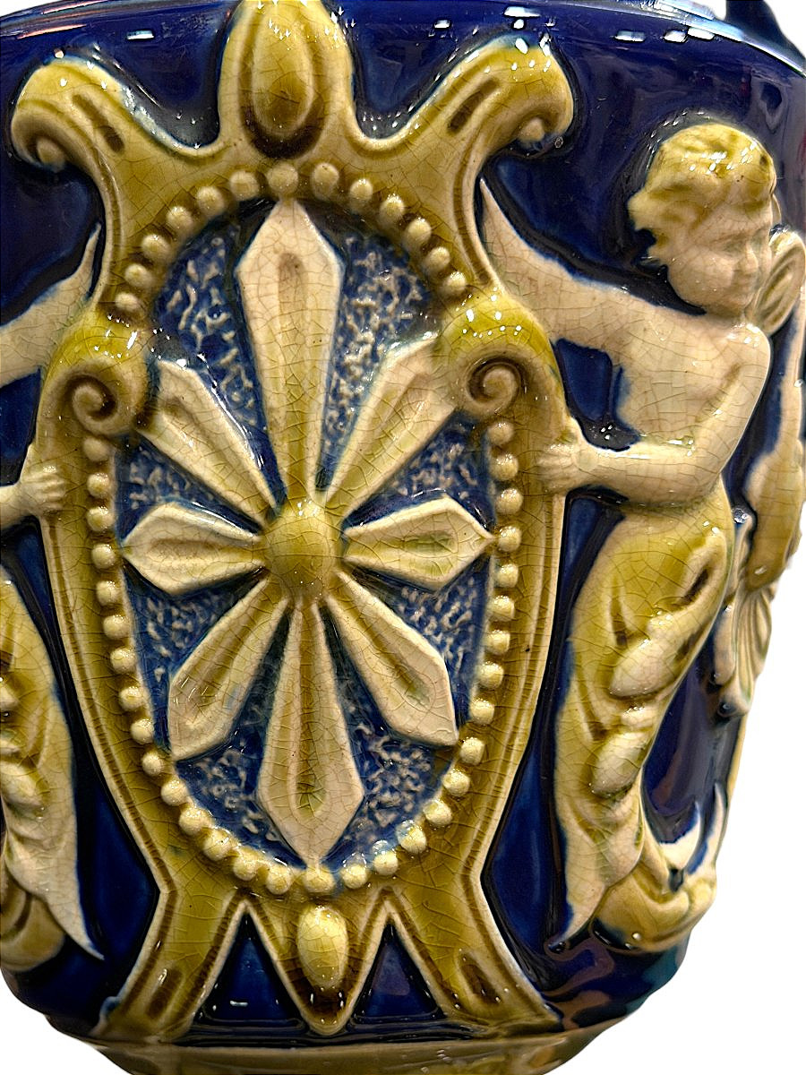Aiguière/Pichet d’apparat Néo-Renaissance - Céramique Bleu Cobalt & Décor en Relief - Vers 1900-photo-3