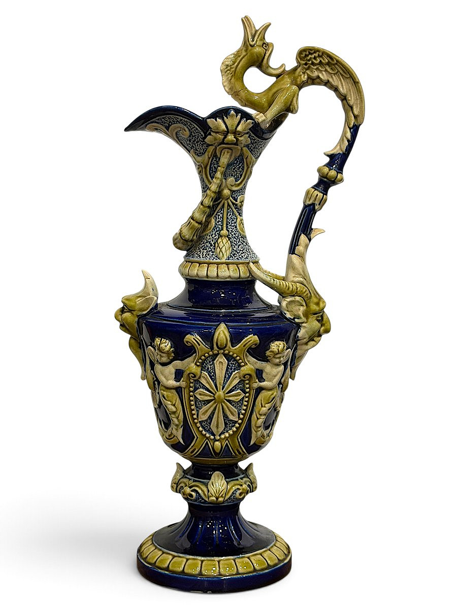 Aiguière/Pichet d’apparat Néo-Renaissance - Céramique Bleu Cobalt & Décor en Relief - Vers 1900