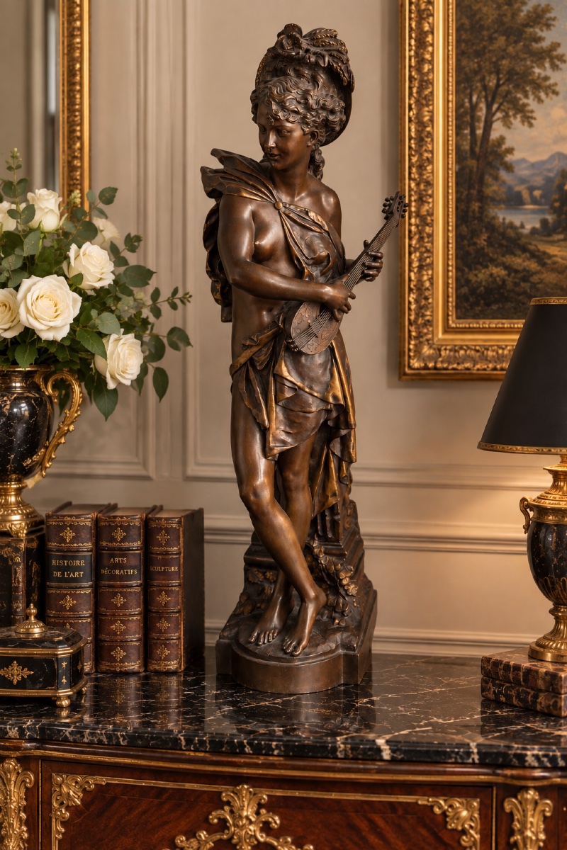 Grand bronze "Femme à la mandoline" dans le goût de Carrier Belleuse - XIXe siècle - H. 70 cm-photo-2