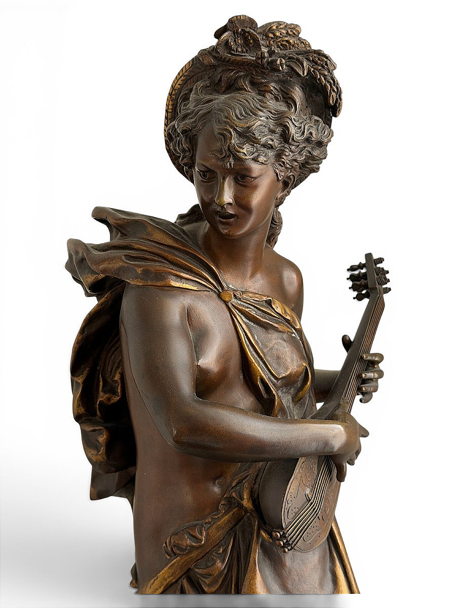 Grand bronze "Femme à la mandoline" dans le goût de Carrier Belleuse - XIXe siècle - H. 70 cm-photo-3