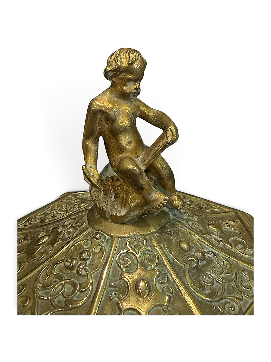 Pair Of Octagonal Gilded Bronze Candy Dishes Decorated With Putti—alabaster Bases—19th Century-photo-3