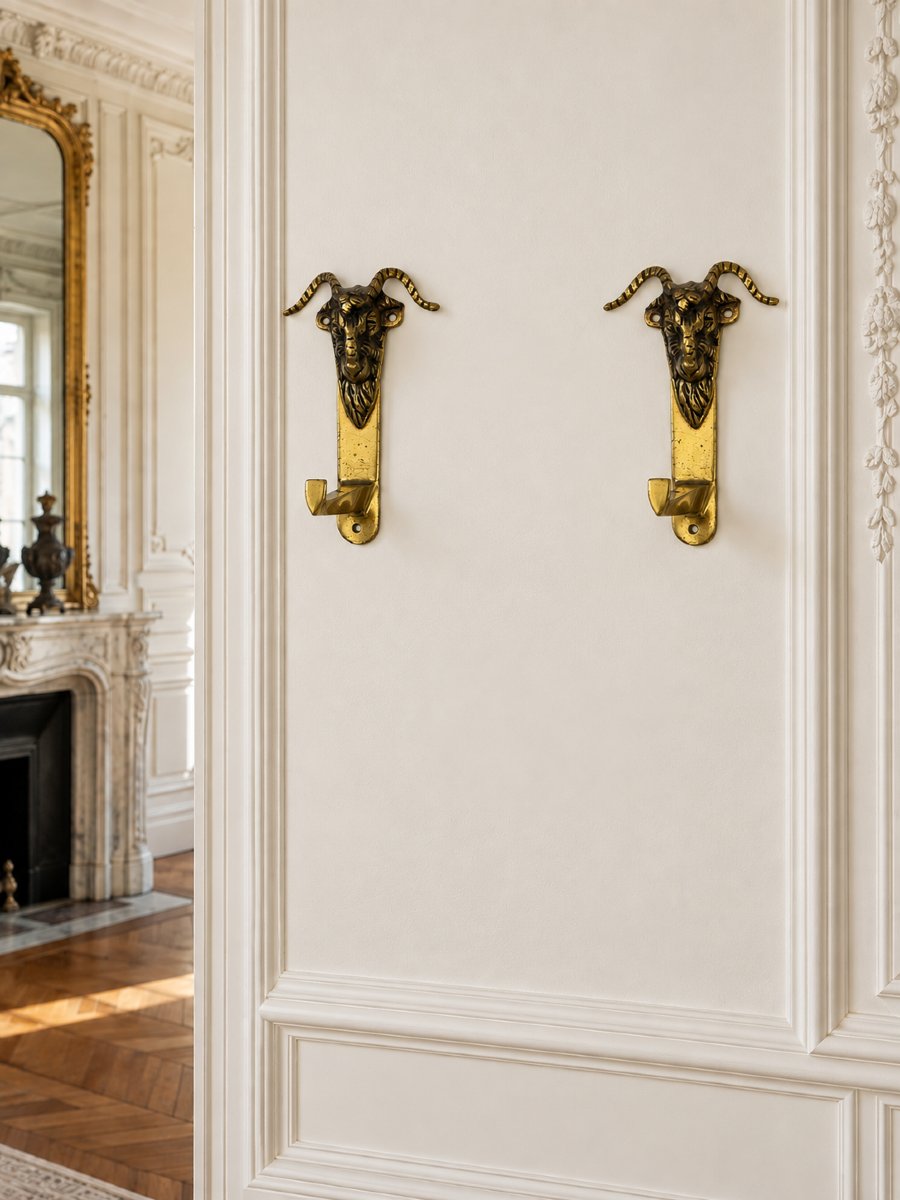 Pair Of Brass Wall Coat Hooks With Ram Heads - Shelf Brackets - Circa 1900-photo-2