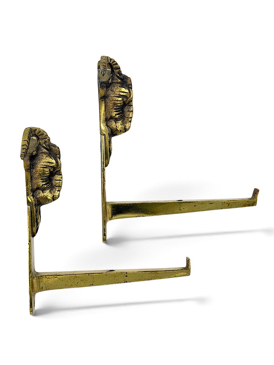 Pair Of Brass Wall Coat Hooks With Ram Heads - Shelf Brackets - Circa 1900-photo-3