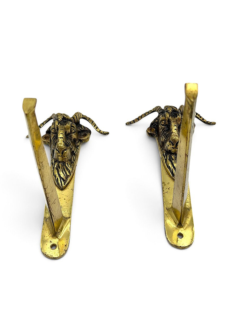 Pair Of Brass Wall Coat Hooks With Ram Heads - Shelf Brackets - Circa 1900-photo-4