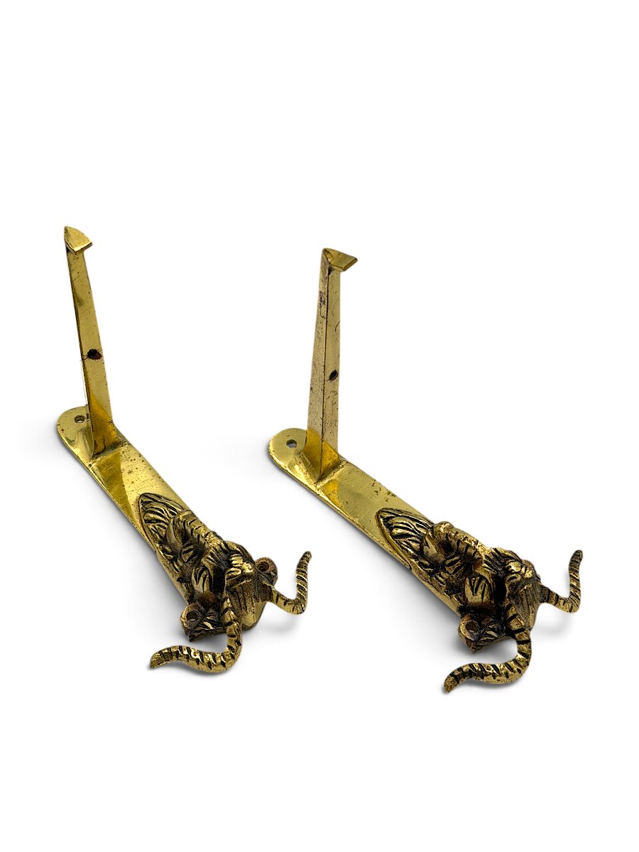 Pair Of Brass Wall Coat Hooks With Ram Heads - Shelf Brackets - Circa 1900-photo-5