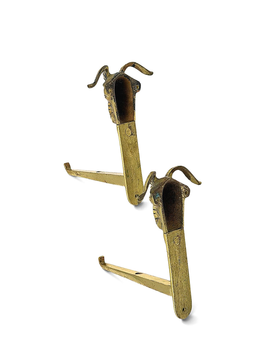 Pair Of Brass Wall Coat Hooks With Ram Heads - Shelf Brackets - Circa 1900-photo-6