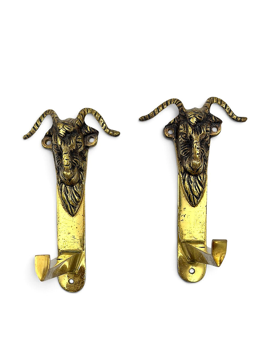 Pair Of Brass Wall Coat Hooks With Ram Heads - Shelf Brackets - Circa 1900