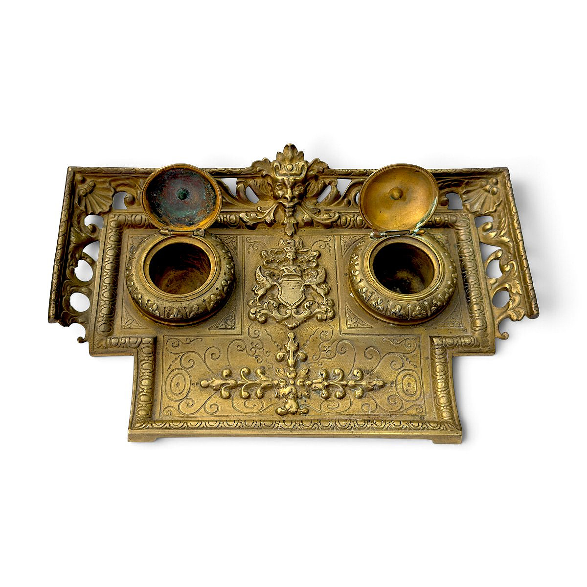 Encrier de bureau vide-poches en bronze doré à décor héraldique - Époque Napoléon III - XIXe s-photo-3