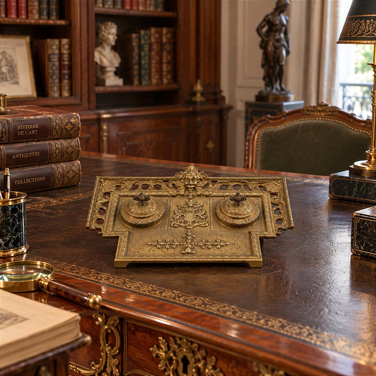 Encrier de bureau vide-poches en bronze doré à décor héraldique - Époque Napoléon III - XIXe s-photo-4