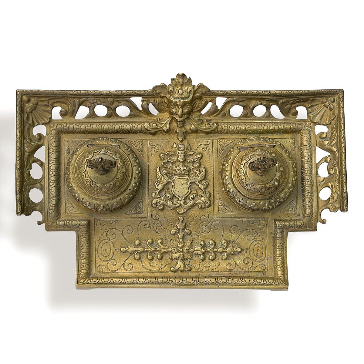 Encrier de bureau vide-poches en bronze doré à décor héraldique - Époque Napoléon III - XIXe s