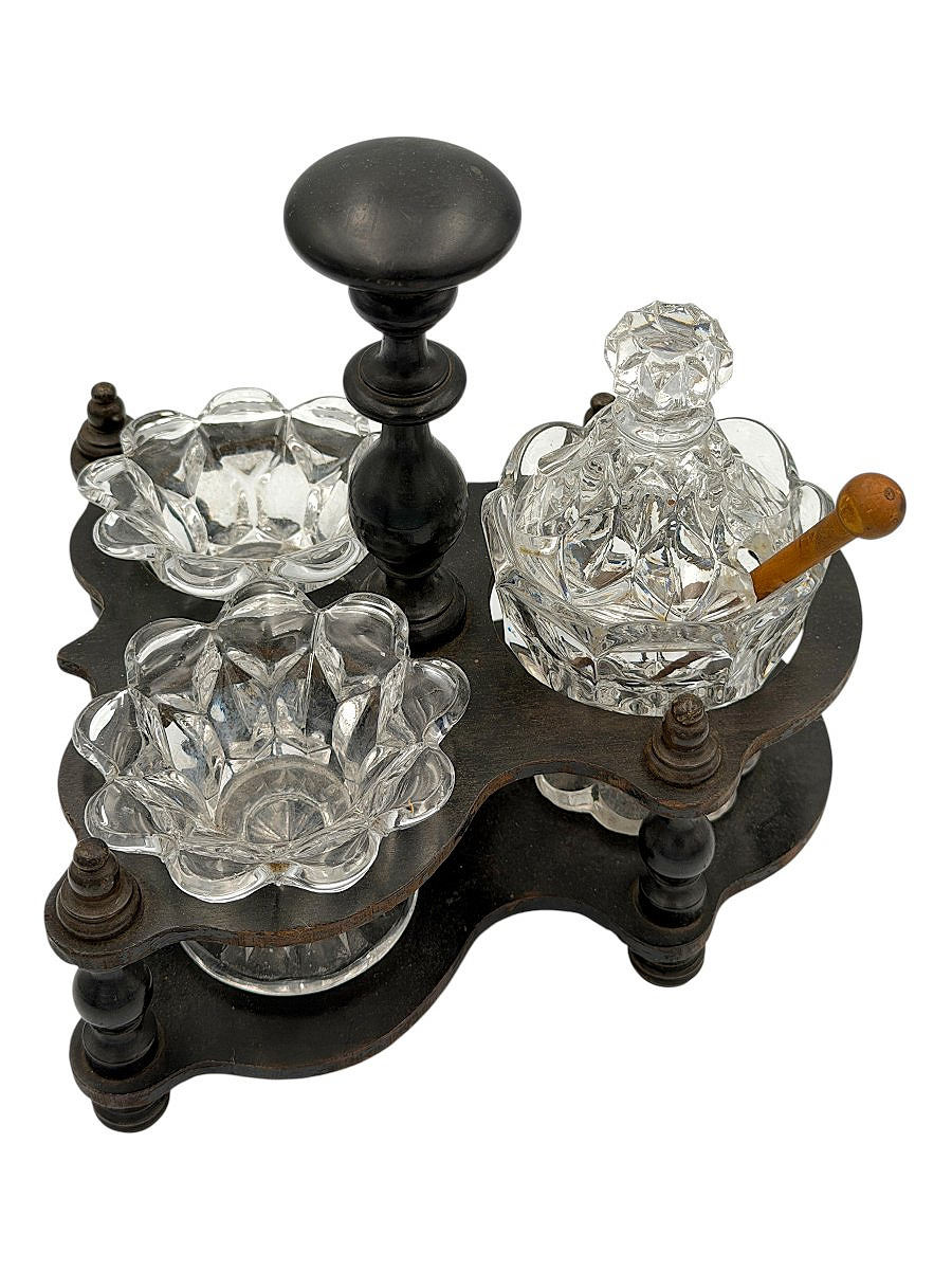Serviteur de table à condiments - Époque Napoléon III vers 1870 - Bois tourné et verre-photo-1
