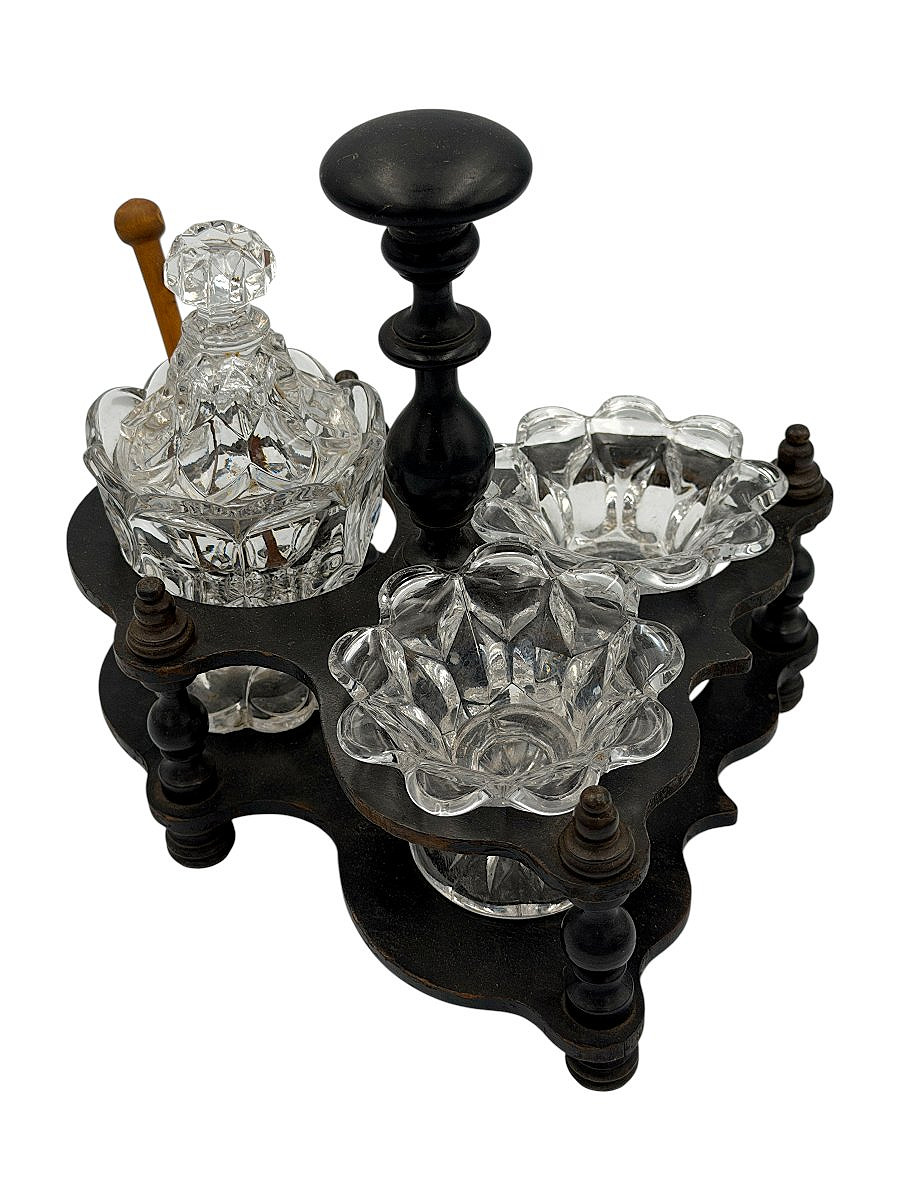 Serviteur de table à condiments - Époque Napoléon III vers 1870 - Bois tourné et verre-photo-3