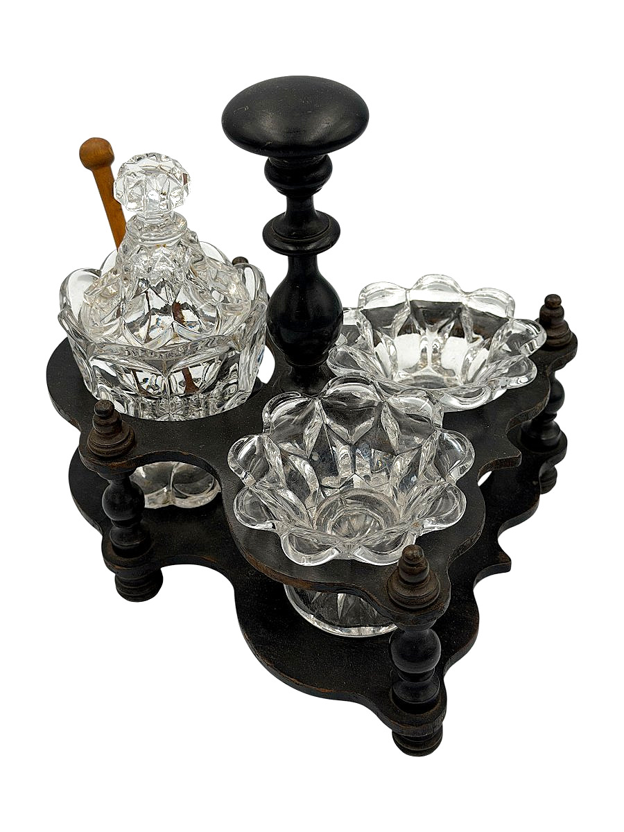 Serviteur de table à condiments - Époque Napoléon III vers 1870 - Bois tourné et verre