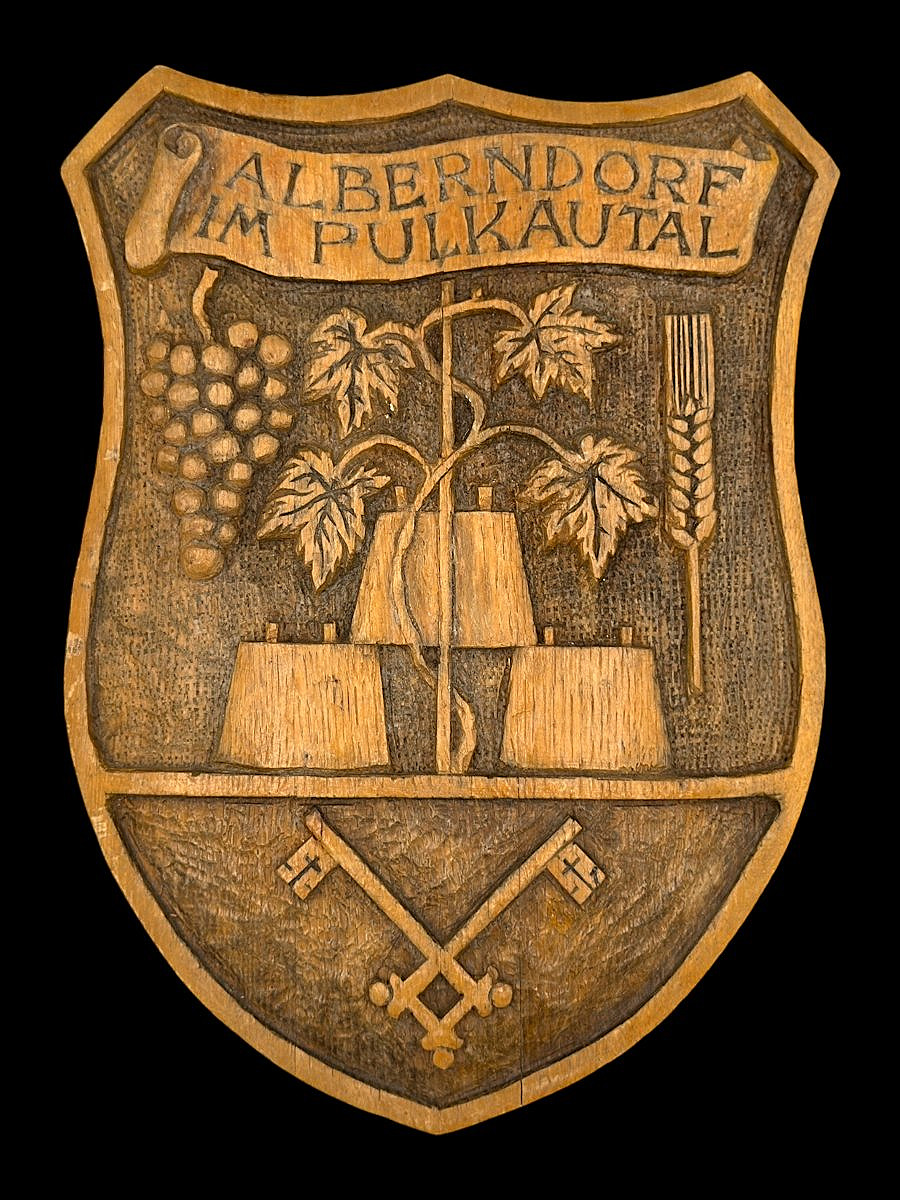 Plaque héraldique - Écusson en bois sculpté - H 39 cm - Armoiries Alberndorf - Autriche 1972-photo-5