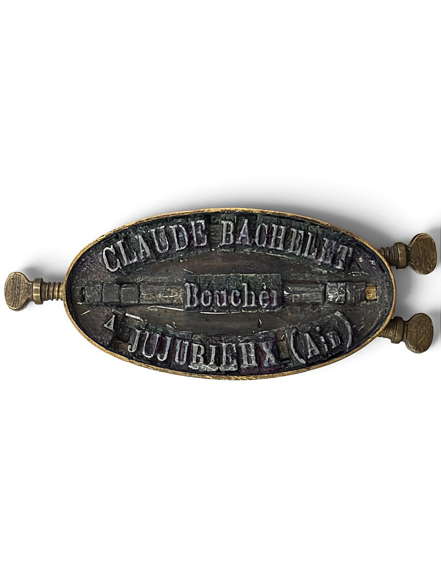 Tampon cachet de métier "Claude Bachellet Boucher Ain" - Bois et laiton - XIXe siècle vers 1900-photo-2