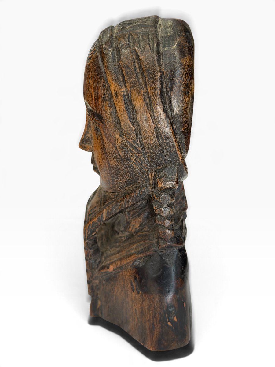 Buste femme en costume traditionnel en bois sculpté - Art Populaire Début XXe S. - Circa 1920-photo-1