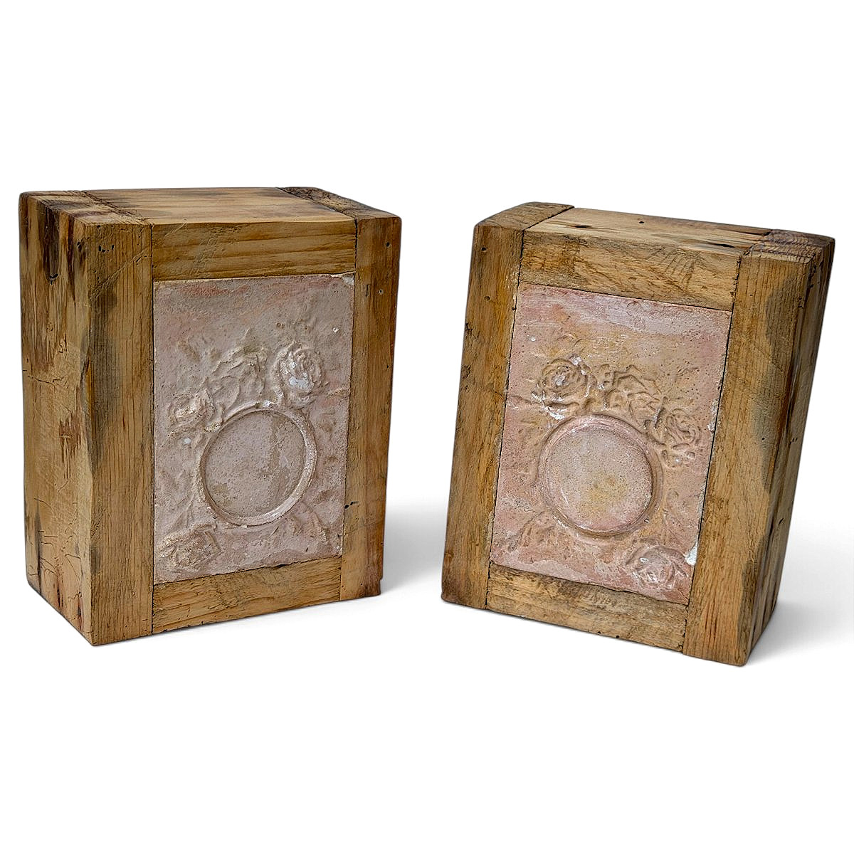 Pair Of Artisanal Plaster And Wood Molds With Rose Motifs—folk Art, Late 19th Century—circa 1900