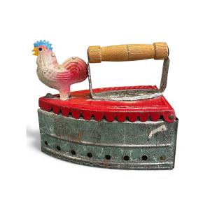 Vintage Collectible Metal Toy - Miniature Iron Decorated With A Rooster, Circa 1930