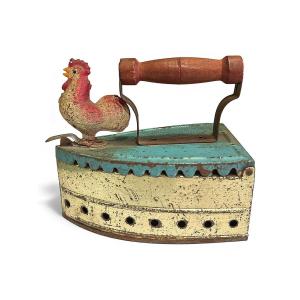 Vintage Collectible Metal Toy - Miniature Iron Decorated With A Rooster, Circa 1930