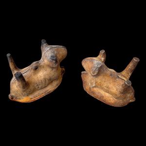 Paire de Moules à Agneau Pascal en Terre Vernissée - Art Populaire - Fin XVIIIe - Début XIXe