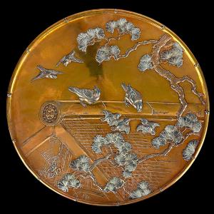 Bronze Dish Japan Meiji Period (1868-1912) Chidori Decoration - Signed Tadatsugu - Diam 37 Cm
