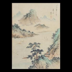 Peinture Chinoise de Paysage Shanshui - Signée & Datée 1977 - Encre et Couleurs - 36,5 x 26,5cm