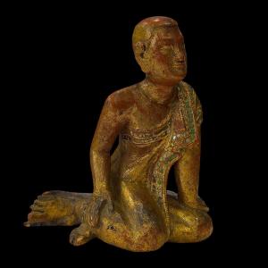 Lacquered And Gilded Wood Buddha Disciple - Burma - Mandalay Style - Late 19th Century