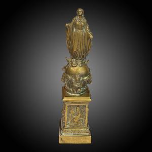 Statuette Vierge Immaculée Conception - Tetramorph In Bronze - H 22 Cm - 19th Century