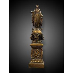 Statuette Vierge Immaculée Conception - Tetramorph In Bronze - H 22 Cm - 19th Century