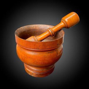 Apothecary Mortar, Turned Wooden Pharmacy Set With Pestle - Folk Art - 19th Century