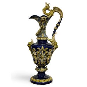 Neo-renaissance Ceremonial Ewer/pitcher - Cobalt Blue Ceramic With Relief Decoration - Circa 1900