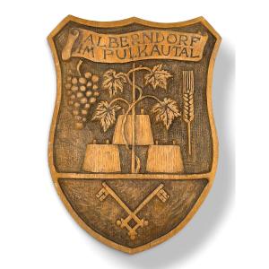 Heraldic Plaque – Carved Wooden – H. 39 Cm – Coat Of Arms Of Alberndorf – Austria, 1972