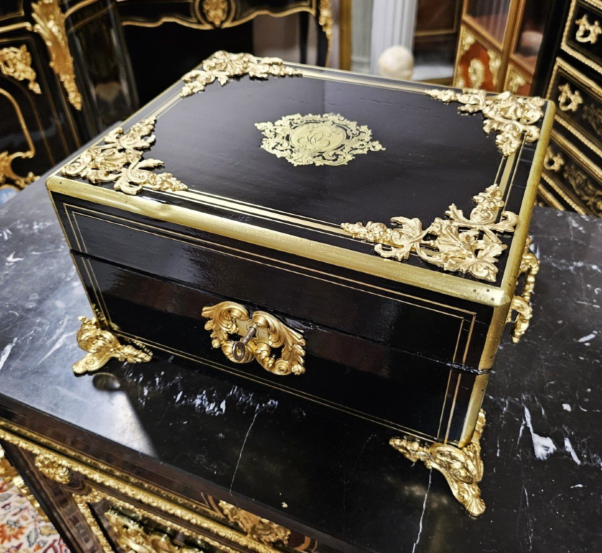 Large Box Or Box In Boulle Marquetry Signed Vervelle Napoleon III Period Napoleon 3-photo-6
