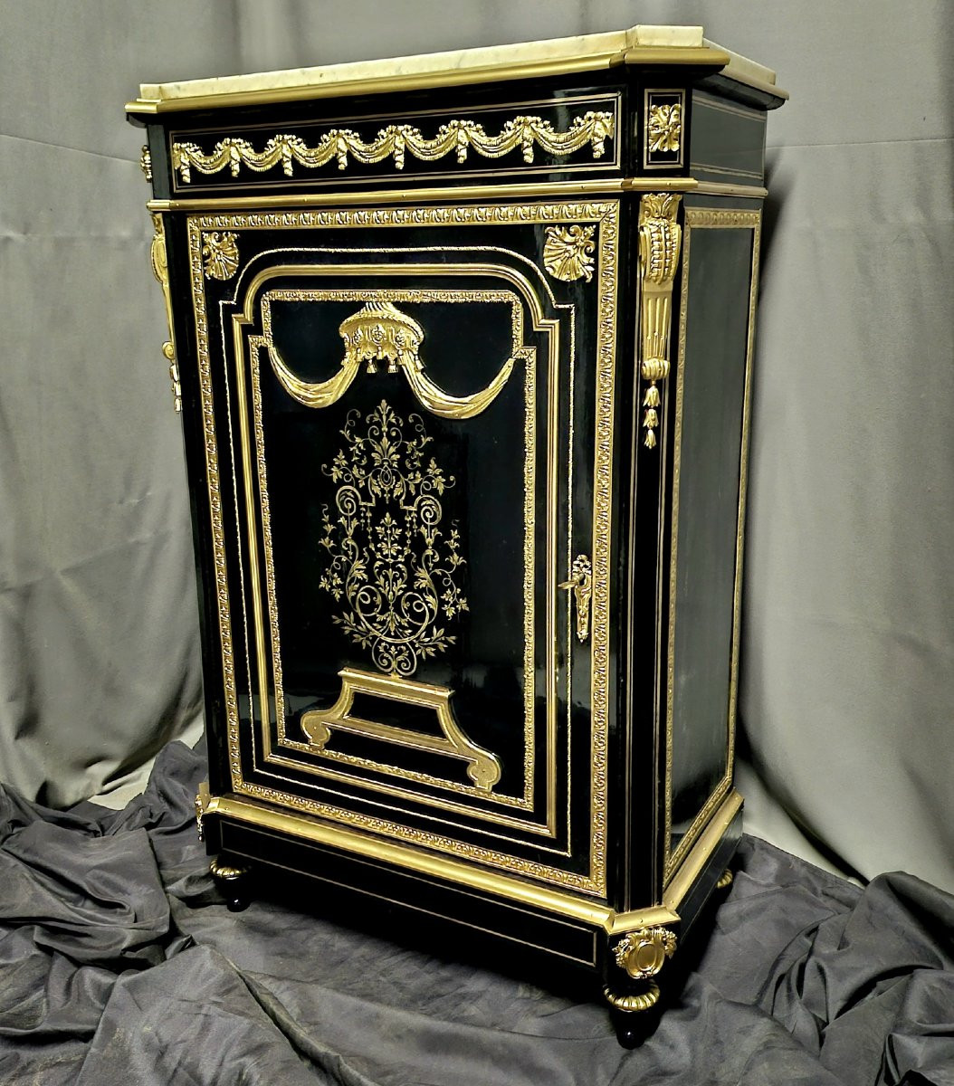 One-door Boulle Marquetry Sideboard With Picard Bronze Mounts, Napoleon III Period (napoleon III)-photo-3