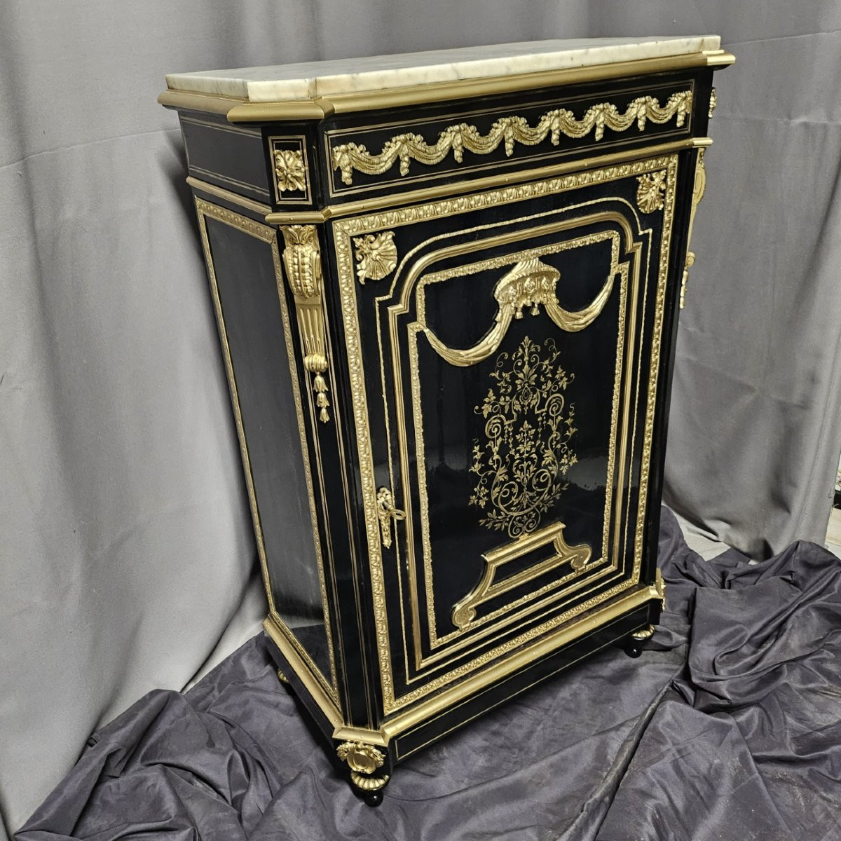 One-door Boulle Marquetry Sideboard With Picard Bronze Mounts, Napoleon III Period (napoleon III)-photo-4