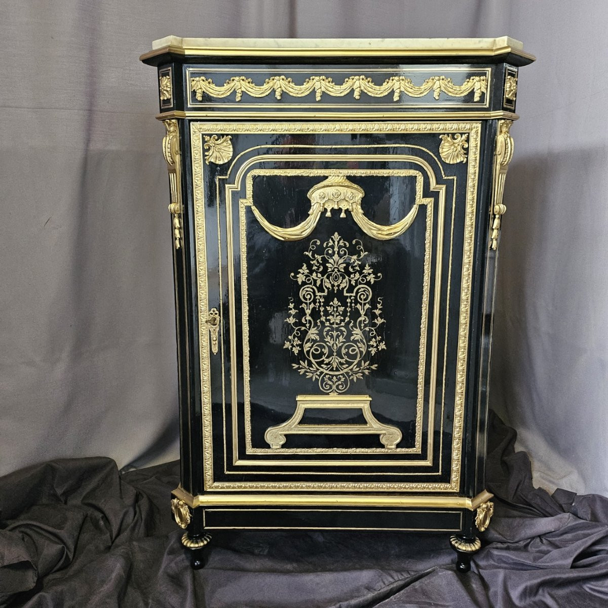 One-door Boulle Marquetry Sideboard With Picard Bronze Mounts, Napoleon III Period (napoleon III)-photo-5