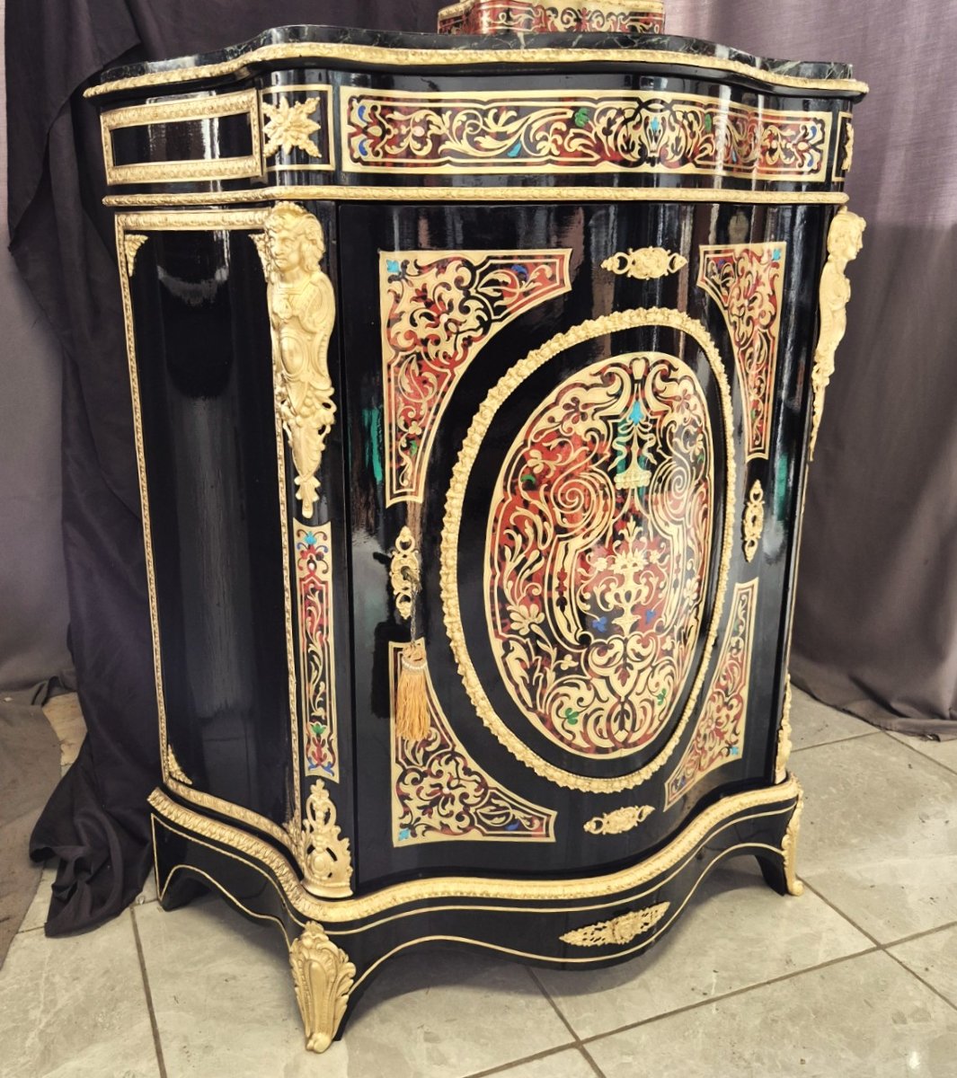 Curved Piece Of Furniture In Multicolored Boulle Marquetry Napoleon III Period Napoleon 3-photo-2