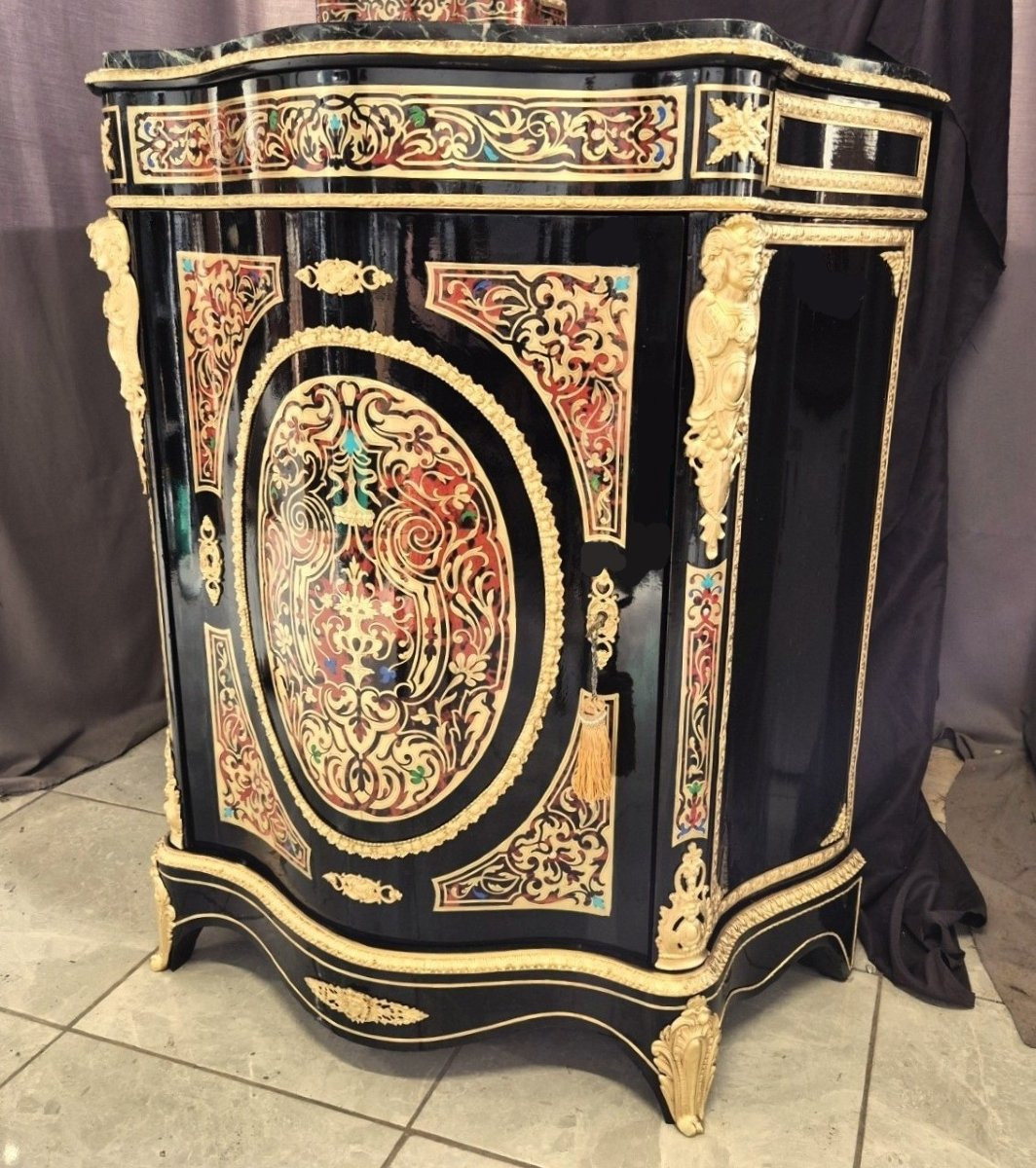 Curved Piece Of Furniture In Multicolored Boulle Marquetry Napoleon III Period Napoleon 3-photo-4