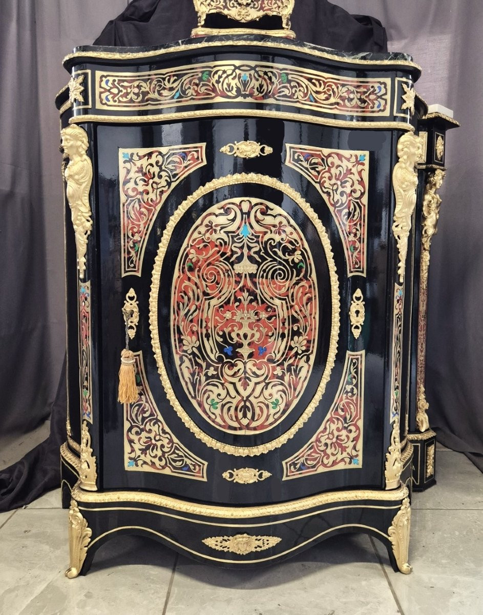 Curved Piece Of Furniture In Multicolored Boulle Marquetry Napoleon III Period Napoleon 3-photo-1