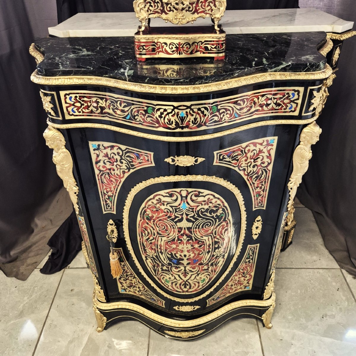 Curved Piece Of Furniture In Multicolored Boulle Marquetry Napoleon III Period Napoleon 3-photo-2