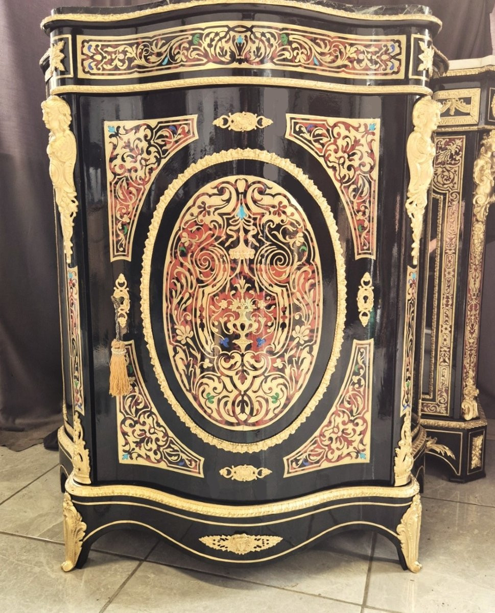 Curved Piece Of Furniture In Multicolored Boulle Marquetry Napoleon III Period Napoleon 3-photo-4