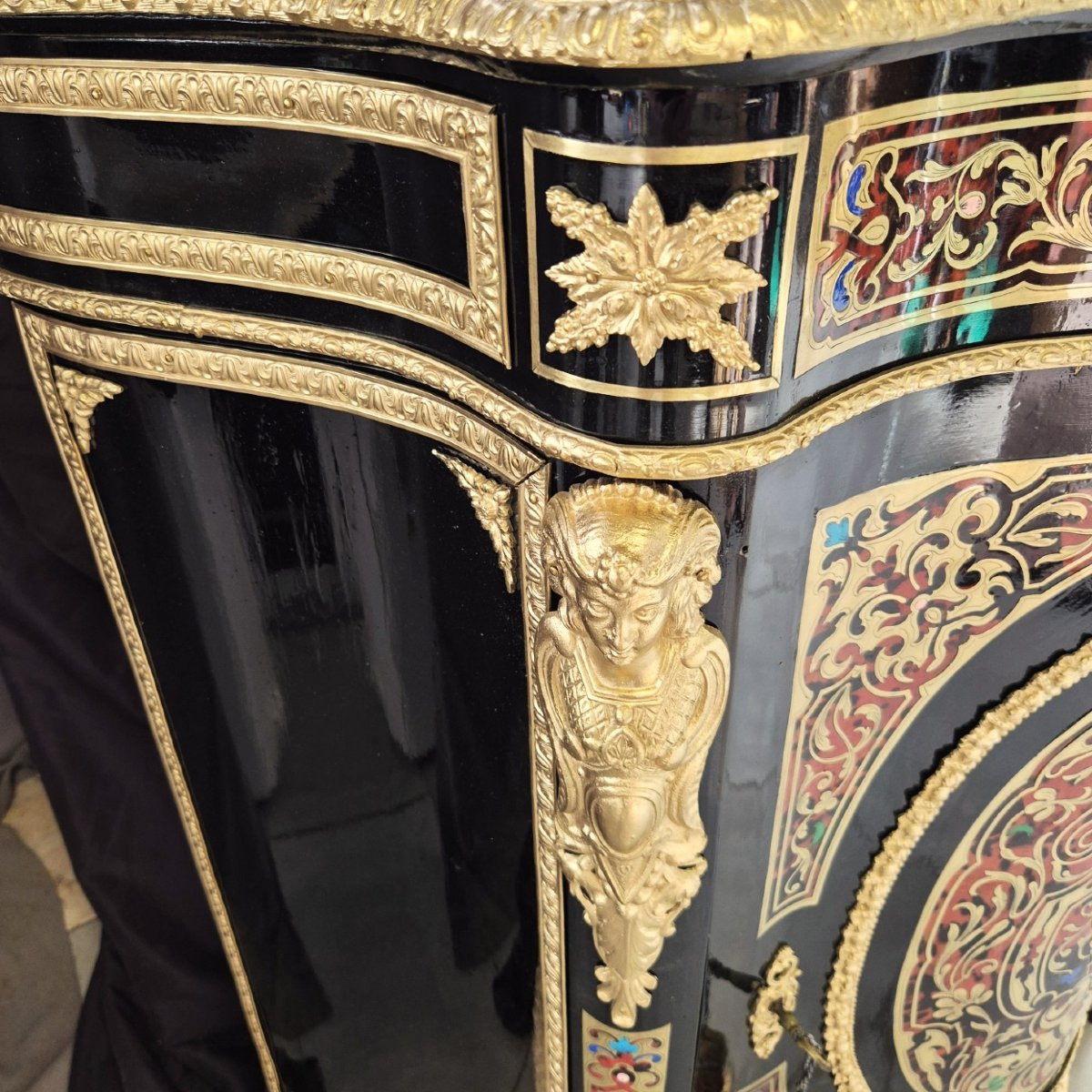 Curved Piece Of Furniture In Multicolored Boulle Marquetry Napoleon III Period Napoleon 3-photo-7