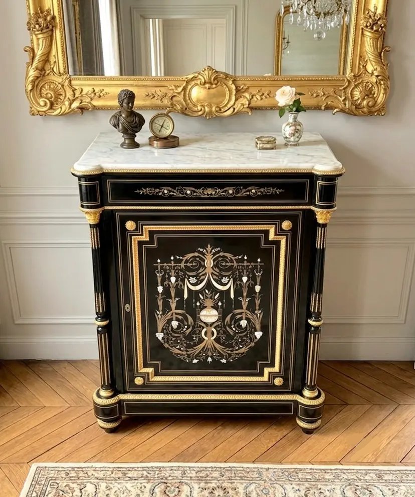 1-door Sideboard With Boulle Marquetry In Three Materials, Napoleon III Period-photo-2