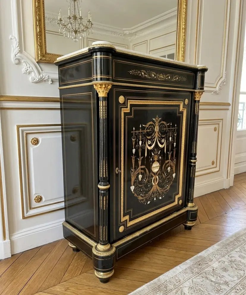 1-door Sideboard With Boulle Marquetry In Three Materials, Napoleon III Period-photo-3