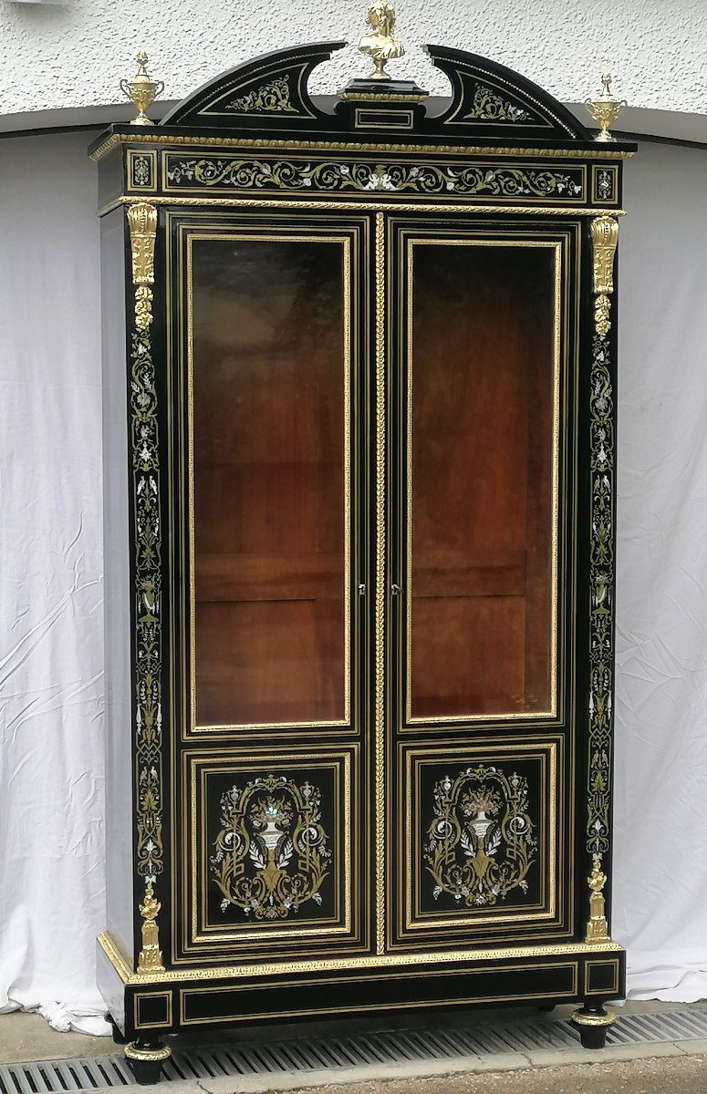 Grande Vitrine Bibliothèque Marqueterie Boulle 3 Matières Napoleon Napoléon III