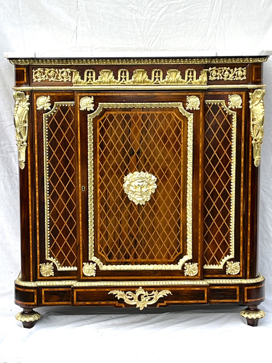 Meuble d'appui à dormants marqueterie bois boulle Napoléon III bronze signé henri picard-photo-3