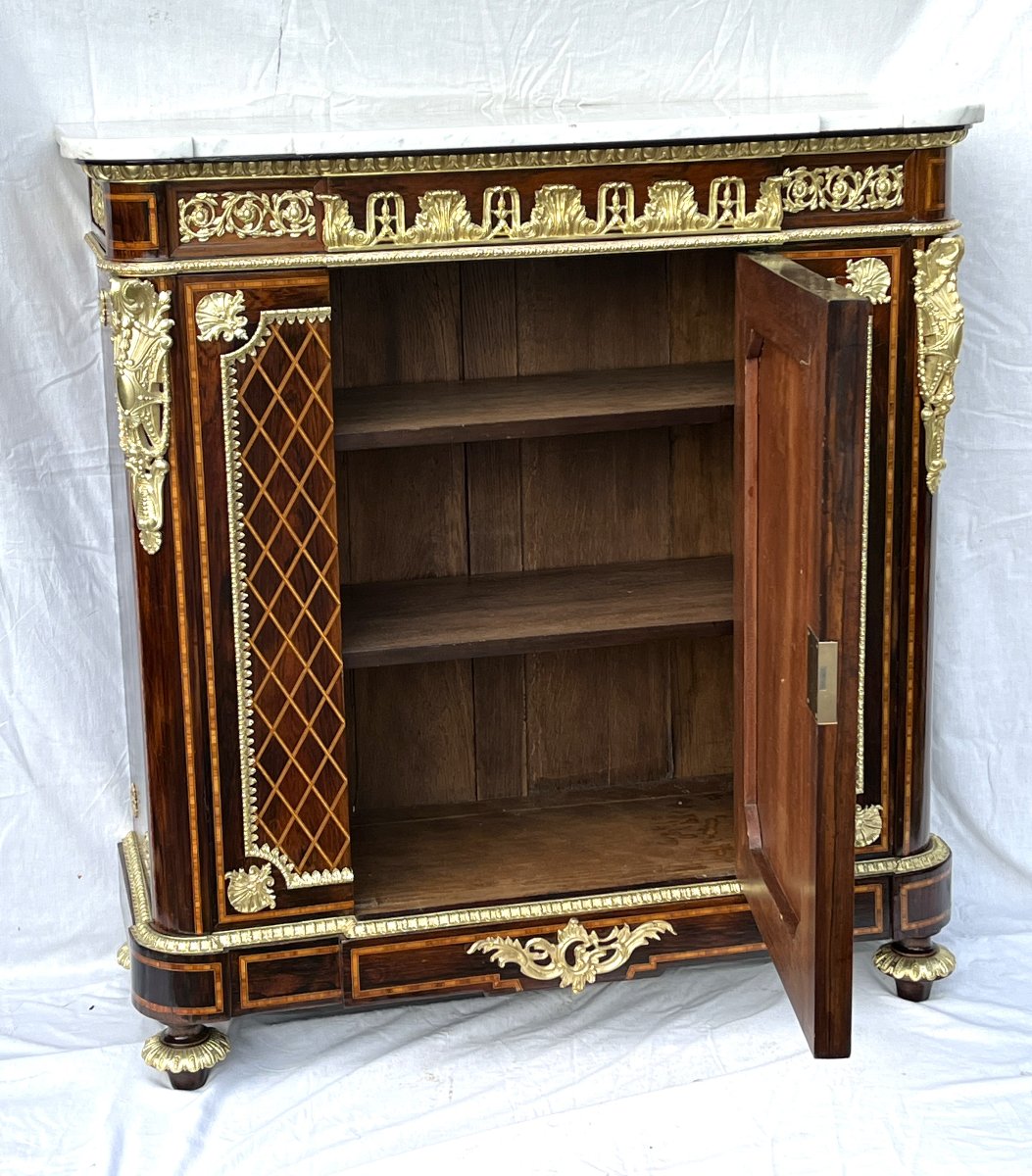 Meuble d'appui à dormants marqueterie bois boulle Napoléon III bronze signé henri picard-photo-2